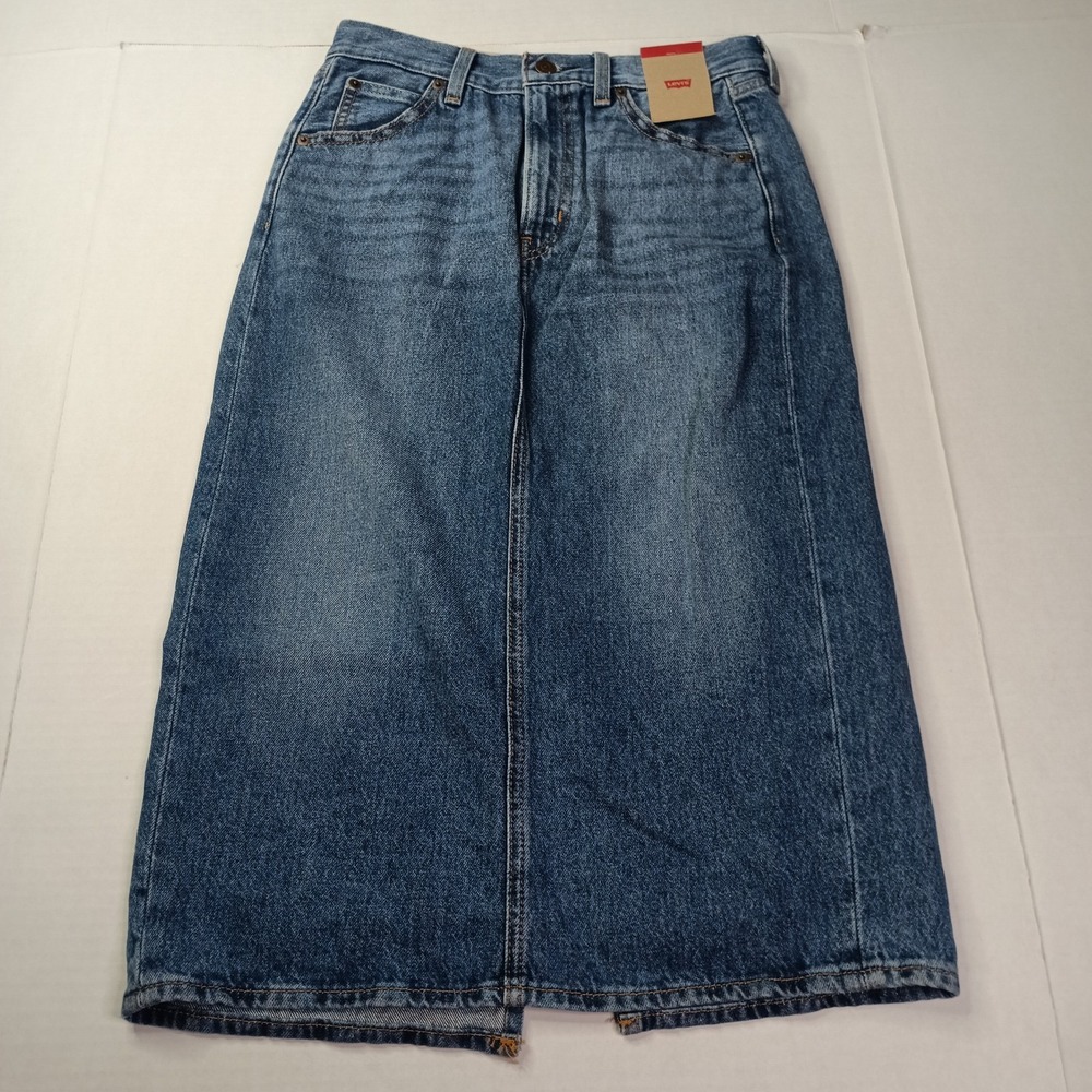 Levi's Women High-Rise Back‎ Slit Skirt Meadow Games Size 26 Blue Pockets